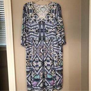 J.Jill - Stretch Artisian Printed V-Neck Dress 3/4 Sleeve - Size L